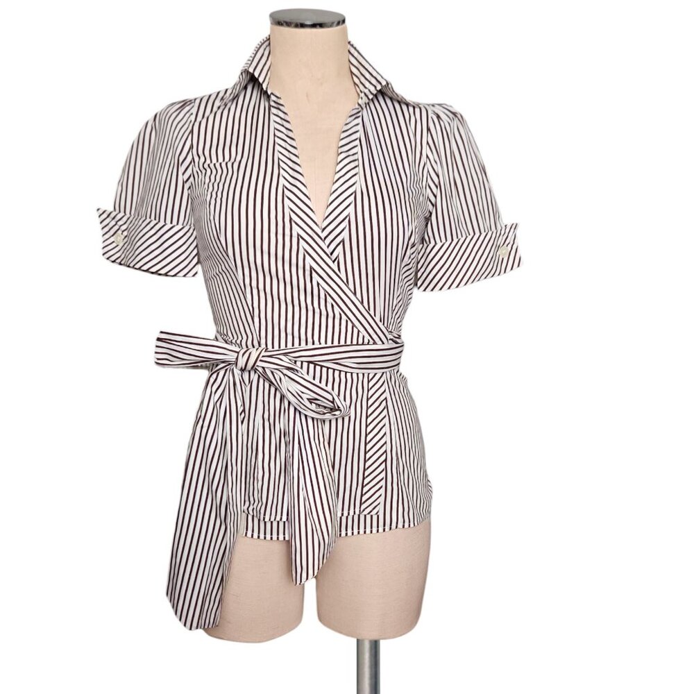 DVF Diane Von Furstenberg Brown Striped Cotton Wrap Blouse Top 4